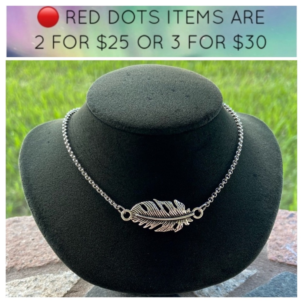 🔴 Feather leaf boho choker necklace steel chain